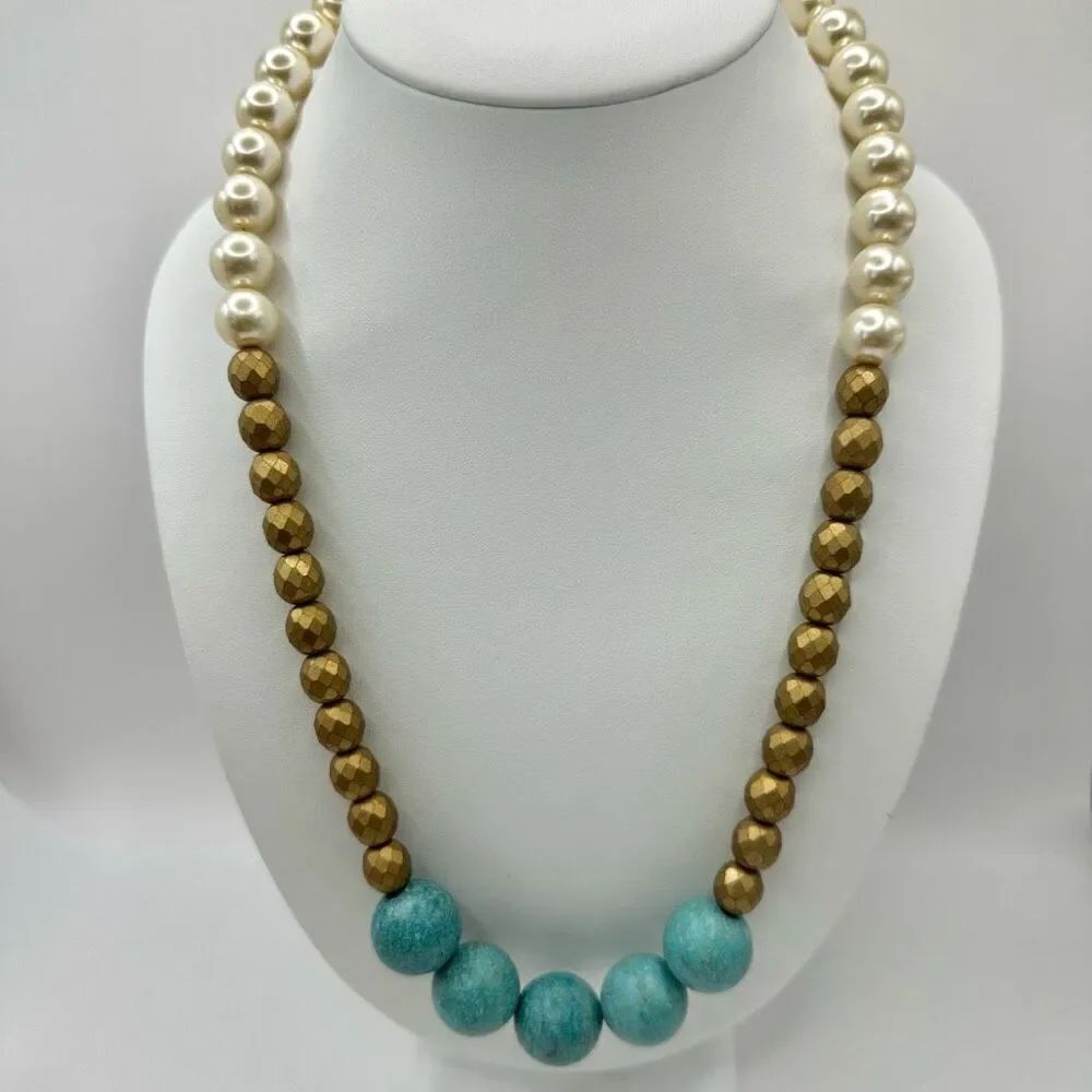 Blue gold tone and faux pearl long necklace